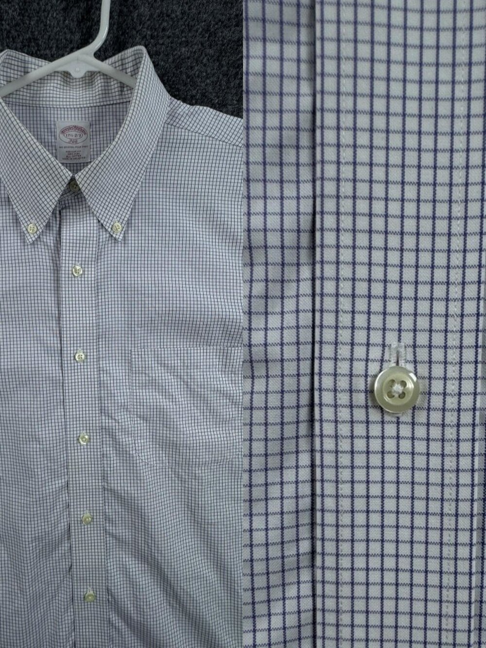 Brooks Brothers *** Button-Down Non-Iron 17.5 2/3 Mens Check White Blue Pocket